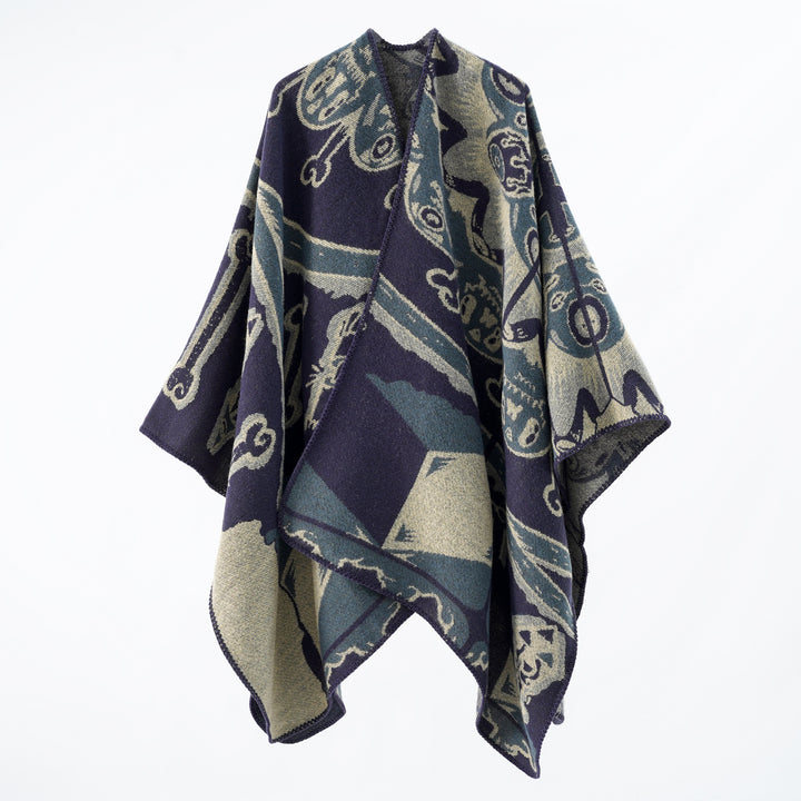 Damen Jacquard-Überwurfponcho mit musikalischem Ornament und Rollkante Drune