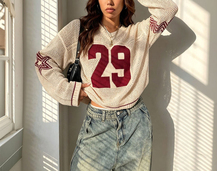 Damen Oversize Netz-Strick Cropped Pullover mit V-Ausschnitt Drune