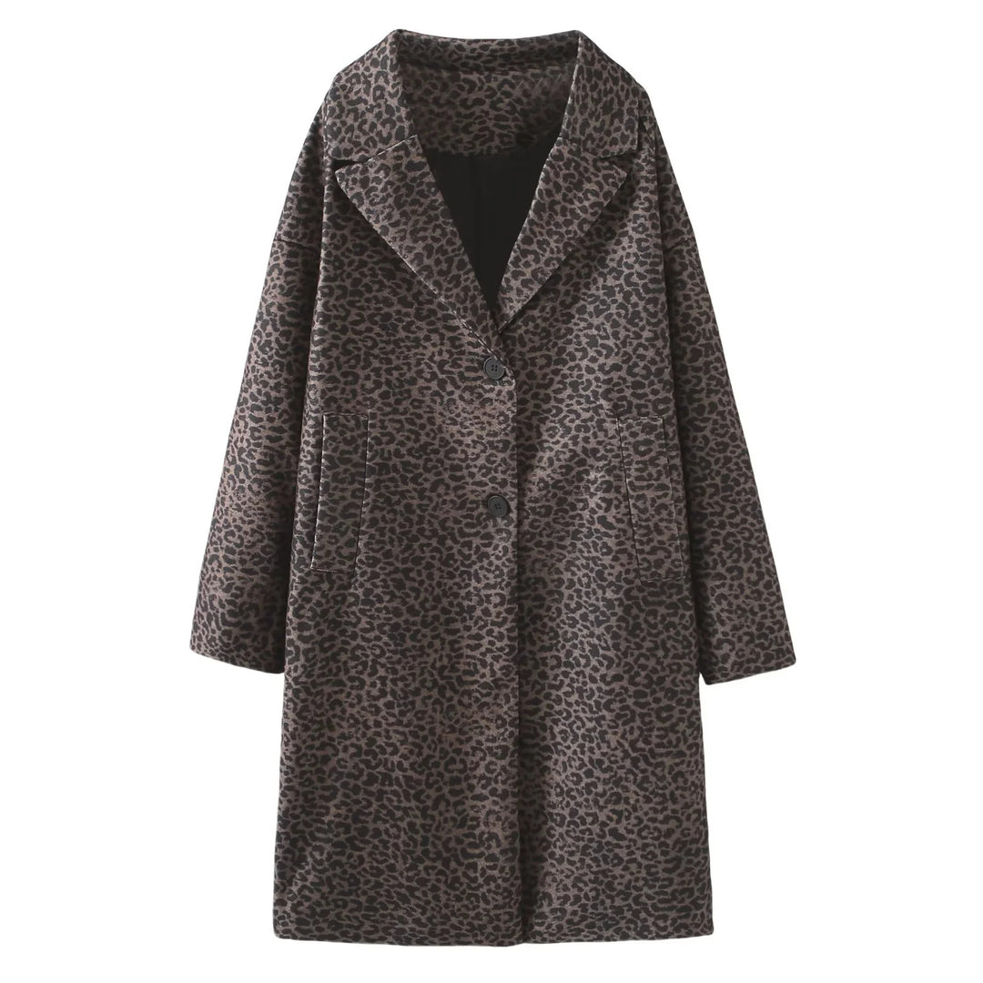 Damen nan oversized Mantel mit Leopardprint, Reverskragen, Zweiknopf‑Verschluss und aufgesetzten Eingrifftaschen Drune