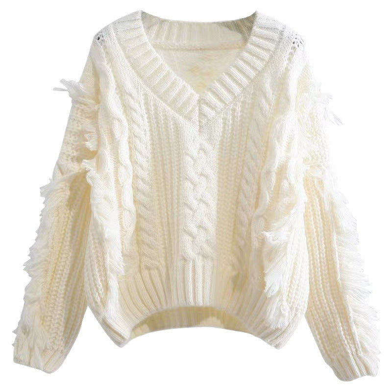 Damen gestrickter Pullover mit auffälligen Fransen und Zopfmuster Drune