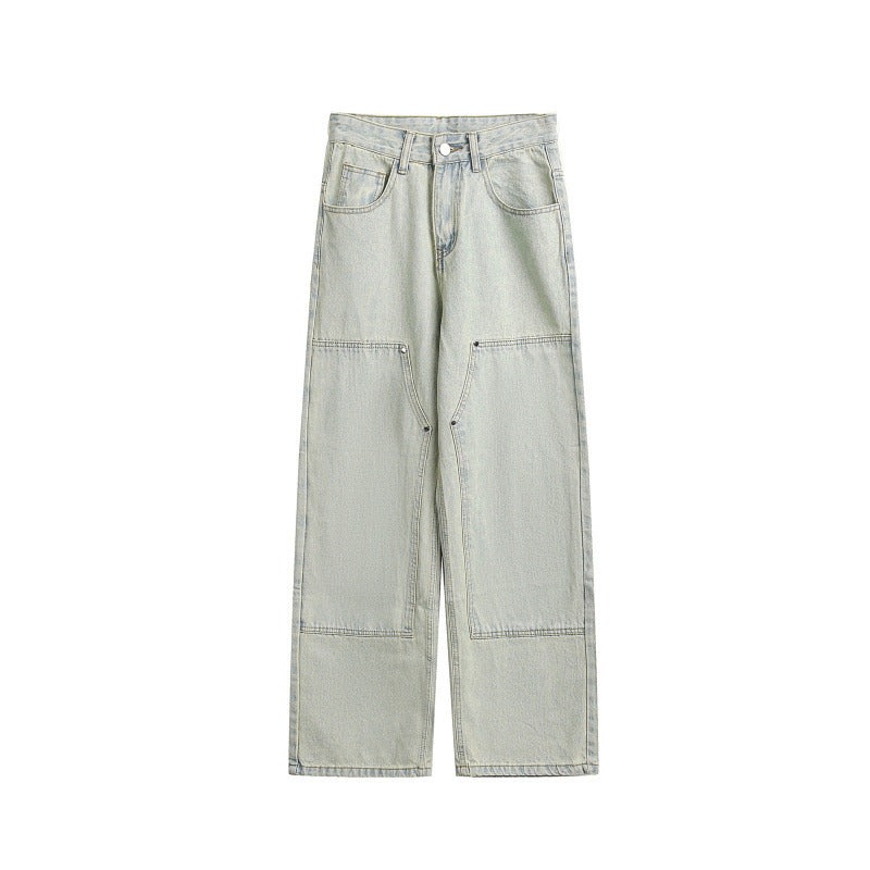 Damen Weite Utility-Denimhose mit Knie‑Patch, hohem Bund und geradem Bein Drune