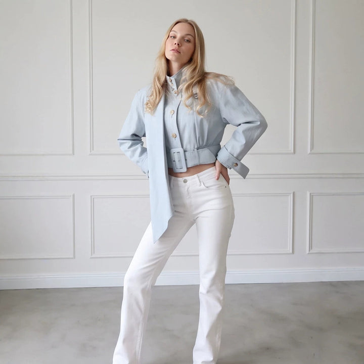 Damen Taillierte Cropped-Jacke mit überlanger Schluppe & breitem Taillengürtel Drune
