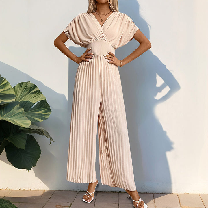 Damen Eleganter Jumpsuit mit tiefem V-Ausschnitt und voluminösen Ärmeln Drune