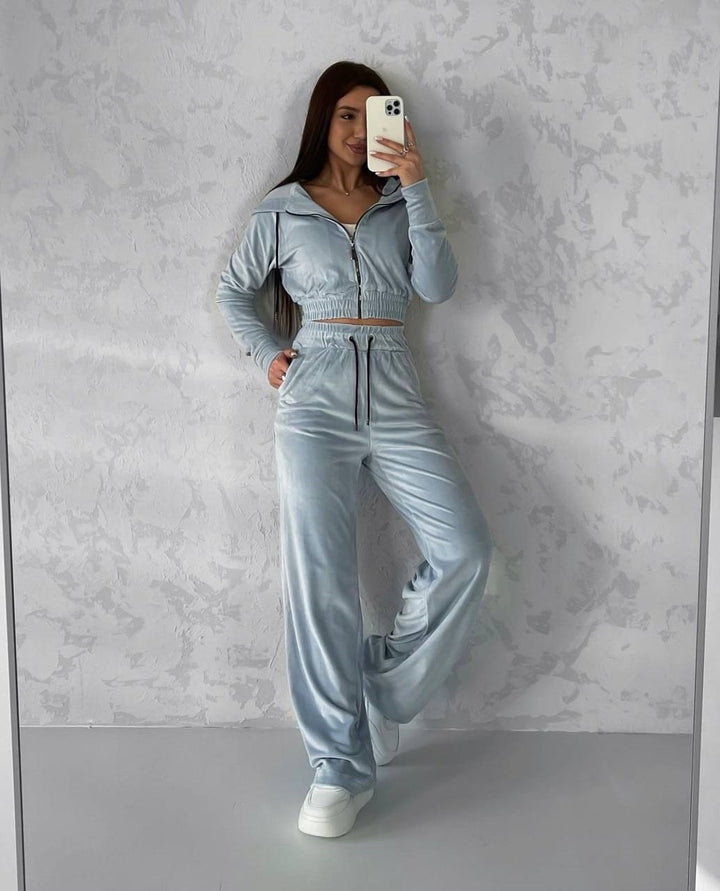 Damen Samt-Loungewear-Set mit Cropped Zip-Kapuzenjacke und weiter Palazzohose Drune