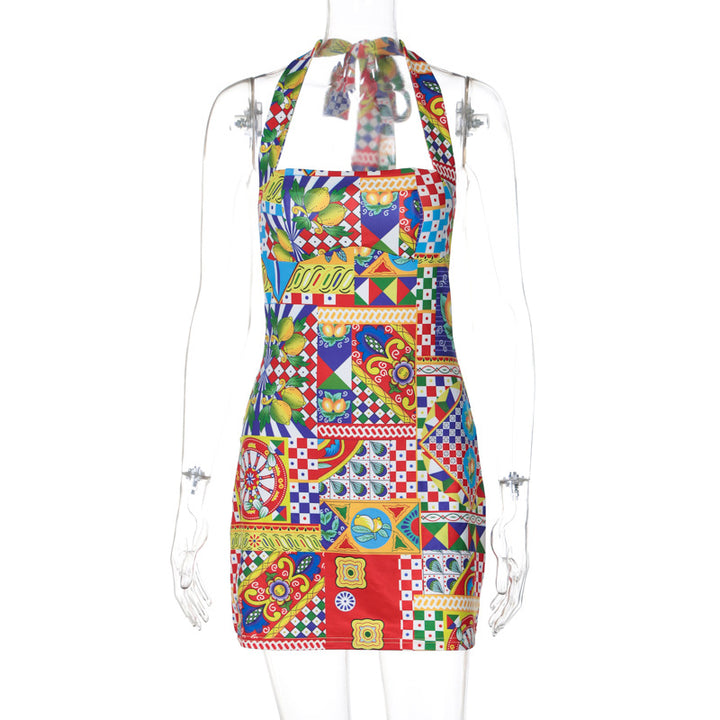 Damen Buntes Kochkleid mit Halterneck und verspielten Mustern Drune