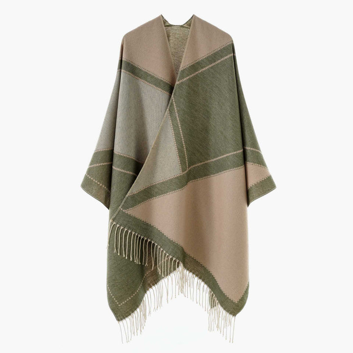 Damen Großer Wollmix Fransenponcho mit diagonalen Kontraststreifen Drune