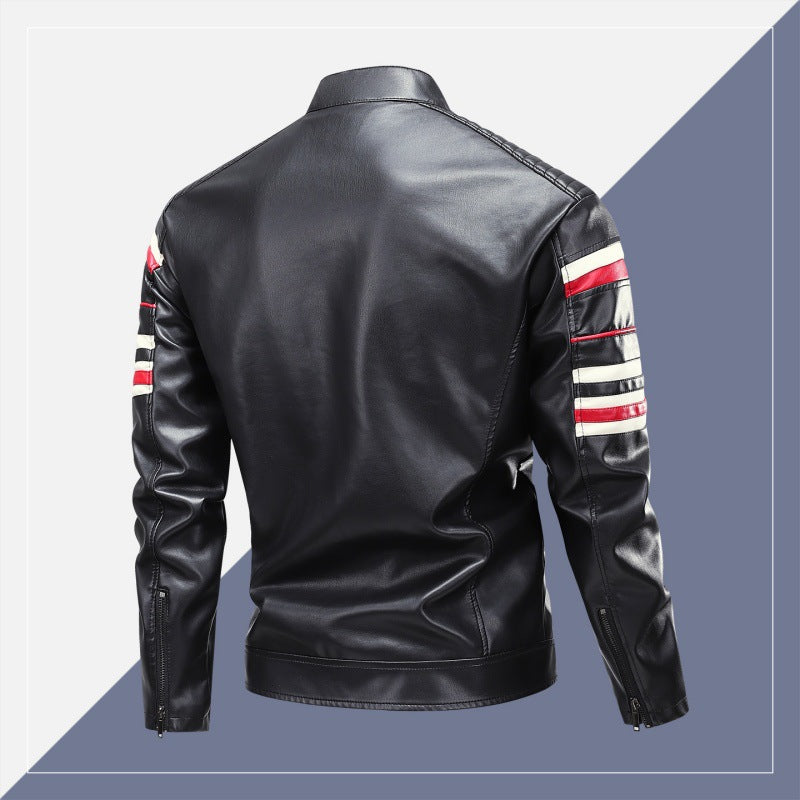 Herren Racing-Lederimitat-Bikerjacke mit Stehkragen, gesteppter Schulterpartie & Kontrast-Colourblocking Drune