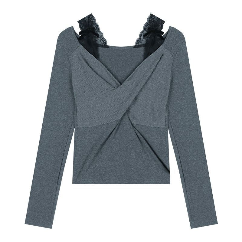 Damen Langarmshirt mit eleganter Raffung und Spitzenakzenten Drune