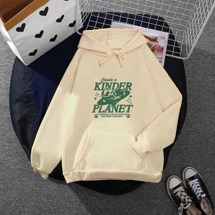 Unisex nan oversized Kapuzenpullover mit Statement-Print "Kinder Planet", Kängurutasche und weichem Futter Drune