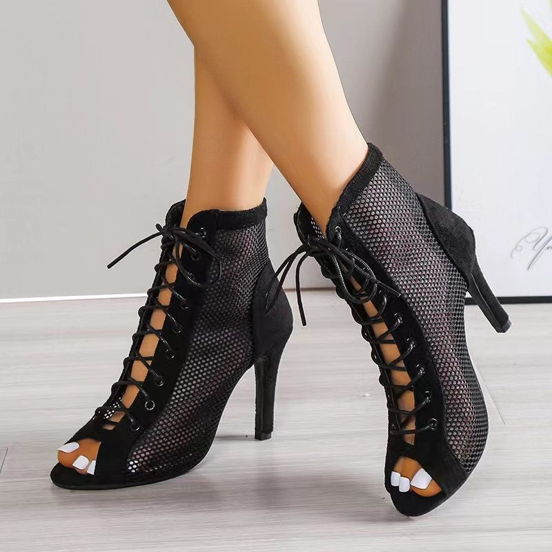 Damen Schnür-Booties mit offener Zehenpartie, Mesh-Einsätzen und Denim-Optik Drune