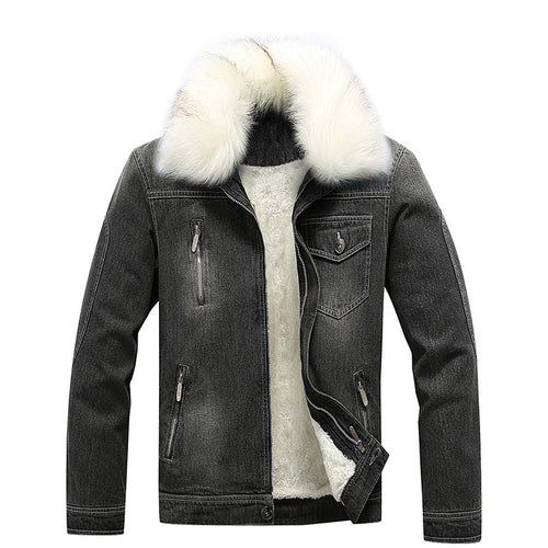 Herren Jeansjacke mit Teddyfutter, Kunstfellkragen und multifunktionalen Reißverschlusstaschen Drune