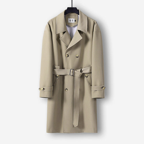 Herren Moderner knielanger Doppelreihiger Trenchcoat mit Taillengürtel Drune