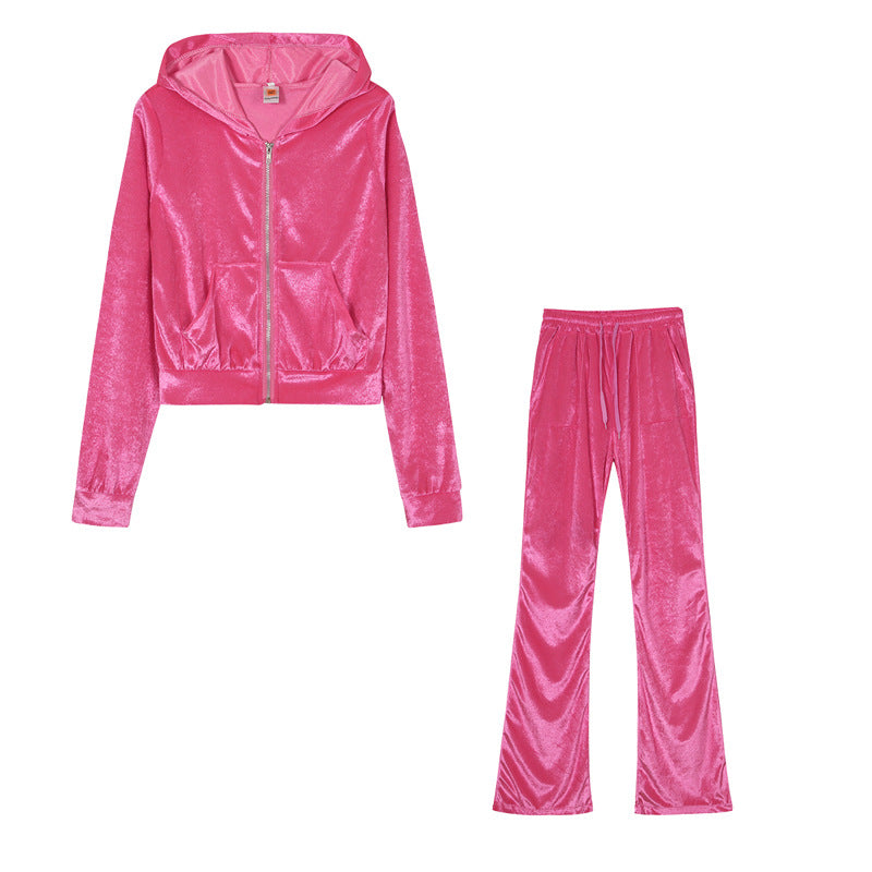 Damen Sportliches Set aus samtiger Kapuzenjacke und weiten Jogginghosen Drune