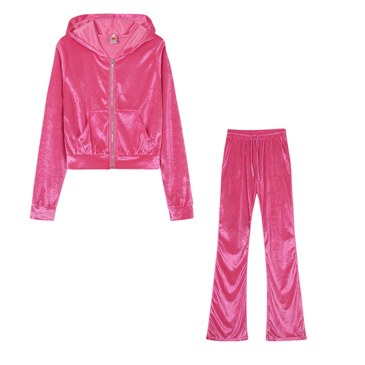 Damen Sportliches Set aus samtiger Kapuzenjacke und weiten Jogginghosen Drune