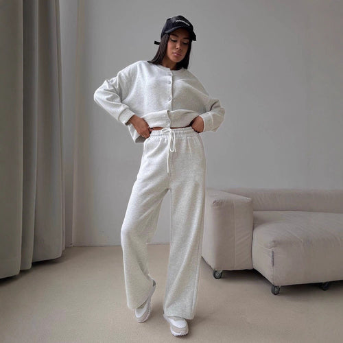 Damen geknöpftes Cropped-Lounge-Set mit Oversize-Cardigan und hochtaillierter Wide-Leg Jogginghose Drune