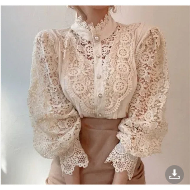 Damen elegante Spitze Bluse mit hohem Kragen Drune