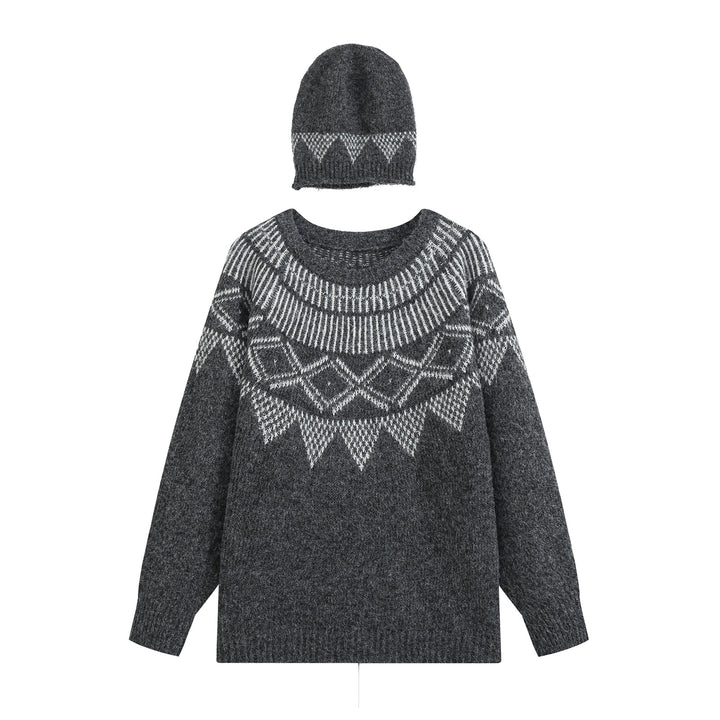 Damen Oversize Norweger‑Strickpullover mit Rundhalsausschnitt und passender Strickmütze Drune
