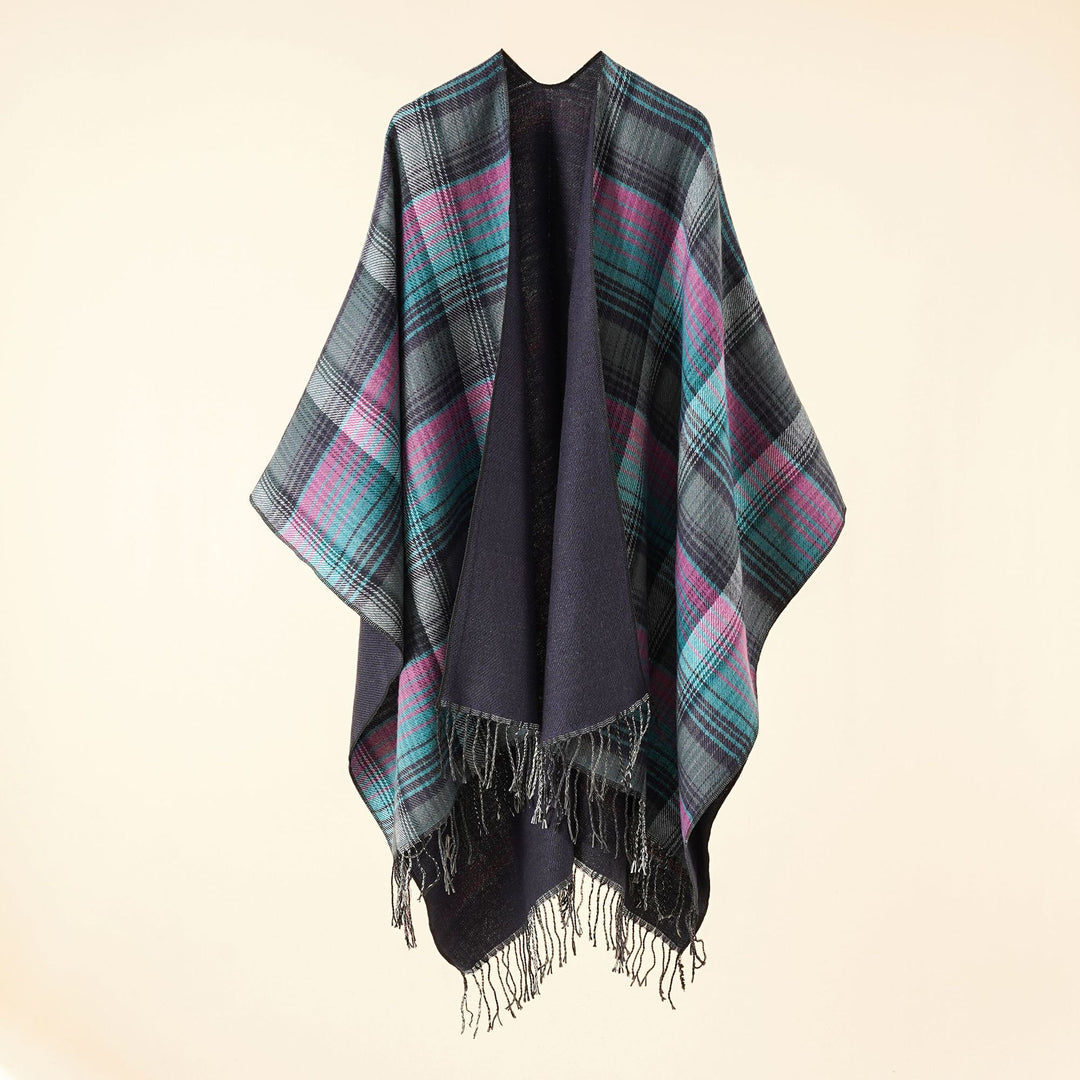 Damen Kastiger Plaid-Ruana aus leichtem Wollmix mit dekorativem Fransensaum Drune