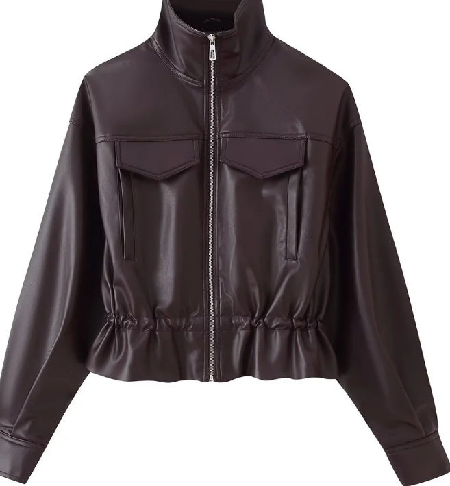 Damen Kurz geschnittener Kunstleder-Blouson mit hohem Stehkragen, Brustpatten und Tunnelzug Drune