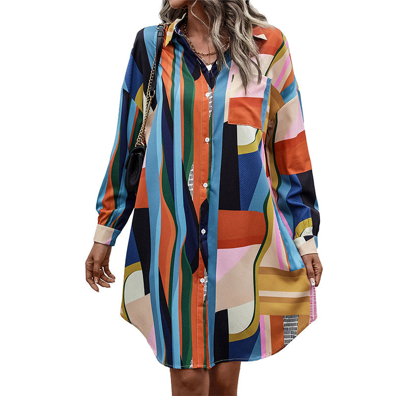 Damen Hemdblusenkleid mit buntem geometrischen Muster Drune