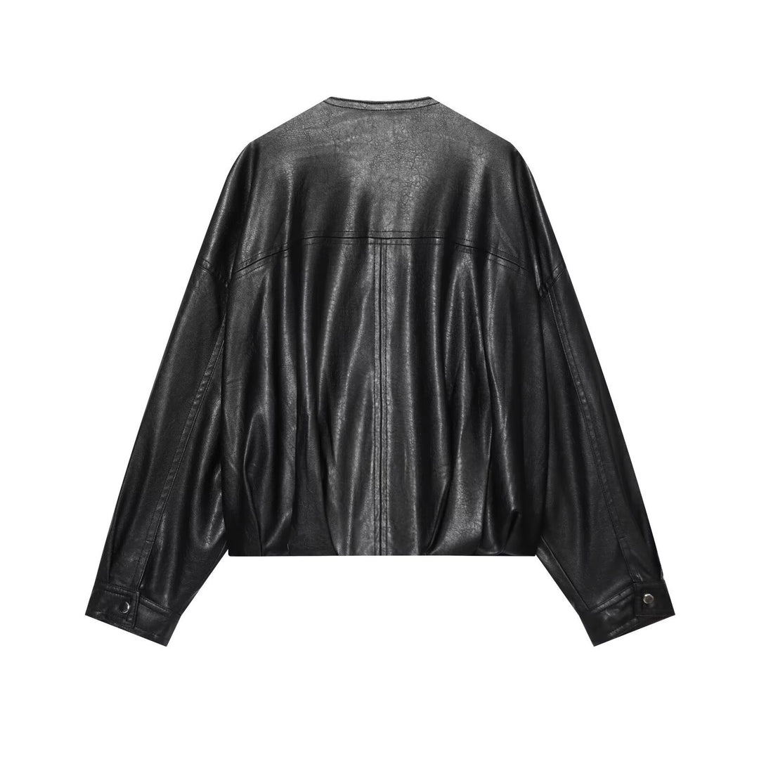 Damen Oversize-Kunstlederjacke im Bomberstil mit Rundhals, überschnittener Schulter und elastischem Saum Drune