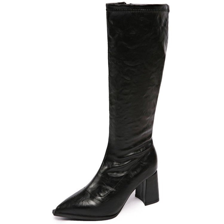 Damen hochmodische Stiefel mit blockiertem Absatz und spitzem Zehenbereich Drune