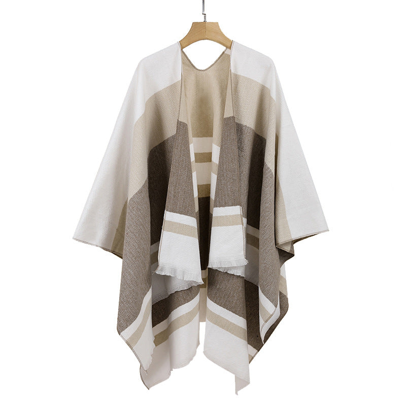 Damen Leichter Capeponcho aus Feinstrick mit geometrischem Blockstreifen-Design Drune