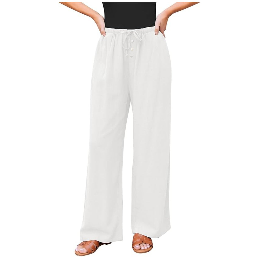 Damen Leinenoptik-Hose mit weitem Bein, Gummizug-Taille, Tunnelzug und Knopfdetail Drune