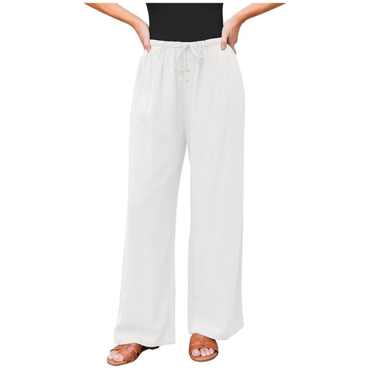 Damen Leinenoptik-Hose mit weitem Bein, Gummizug-Taille, Tunnelzug und Knopfdetail Drune