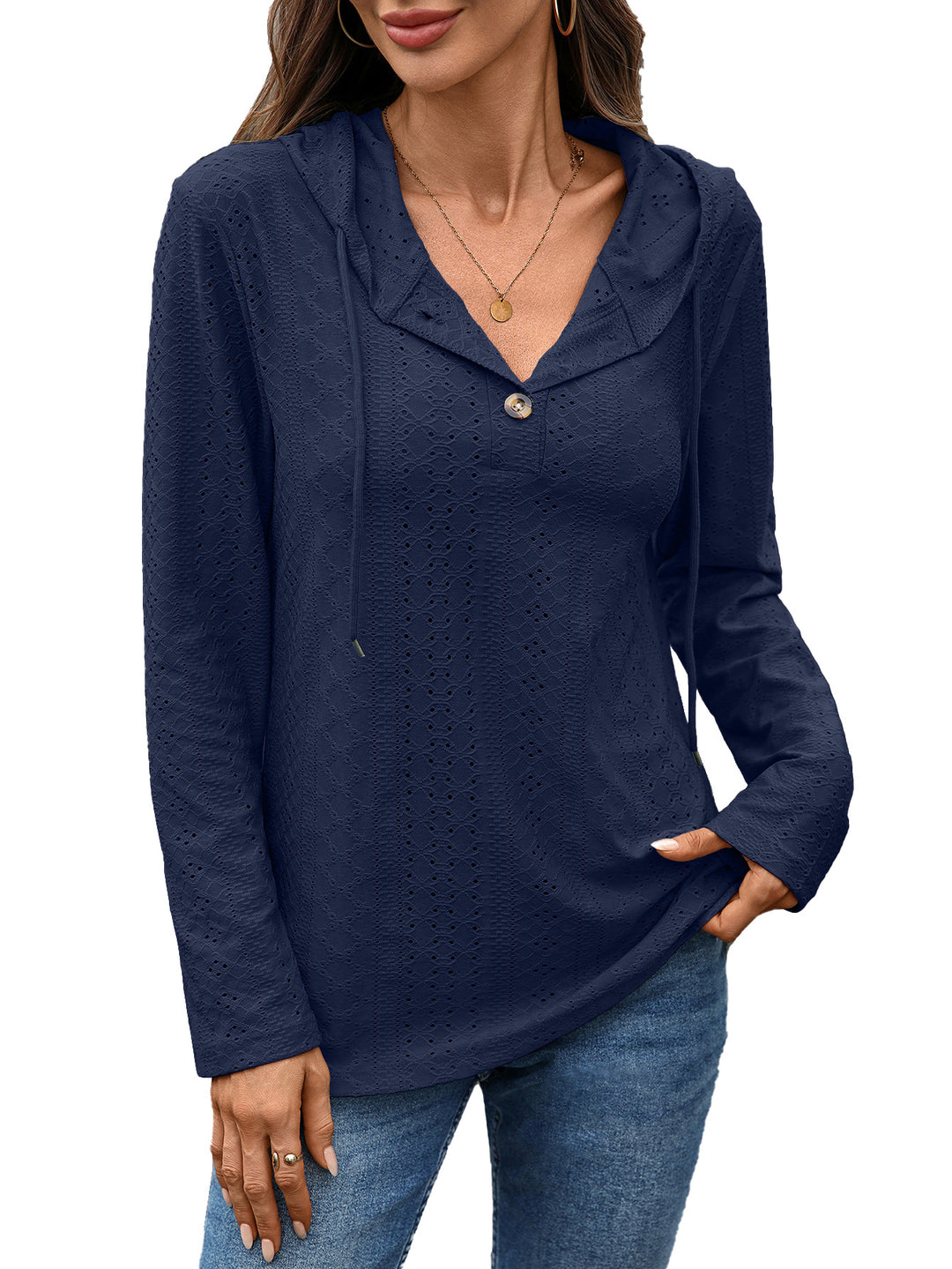 Damen Blusenshirt mit feinem Lochmuster und Kapuze Drune