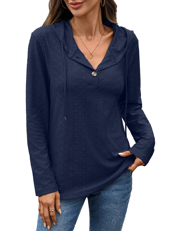 Damen Blusenshirt mit feinem Lochmuster und Kapuze Drune