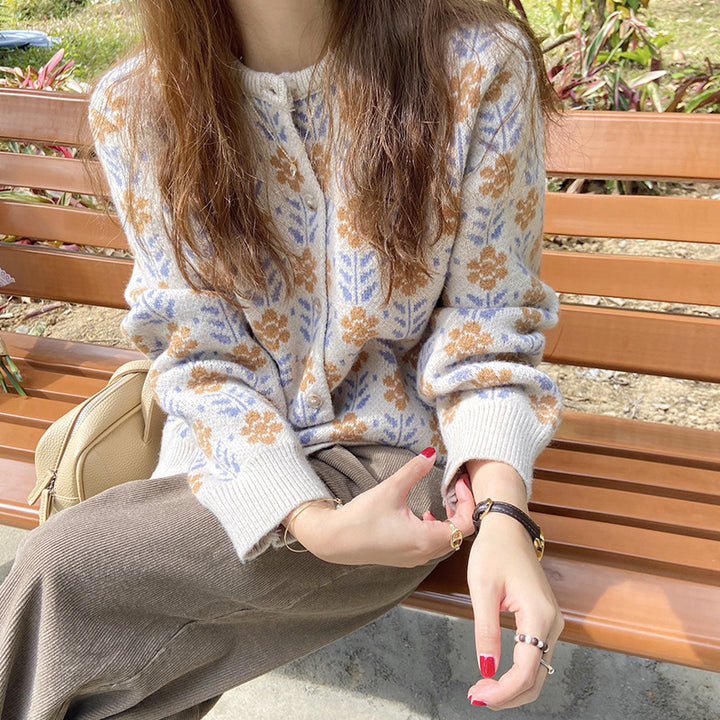 Damen gemütliche Strickjacke mit floralen Mustern und hochwertigen Knöpfen Drune
