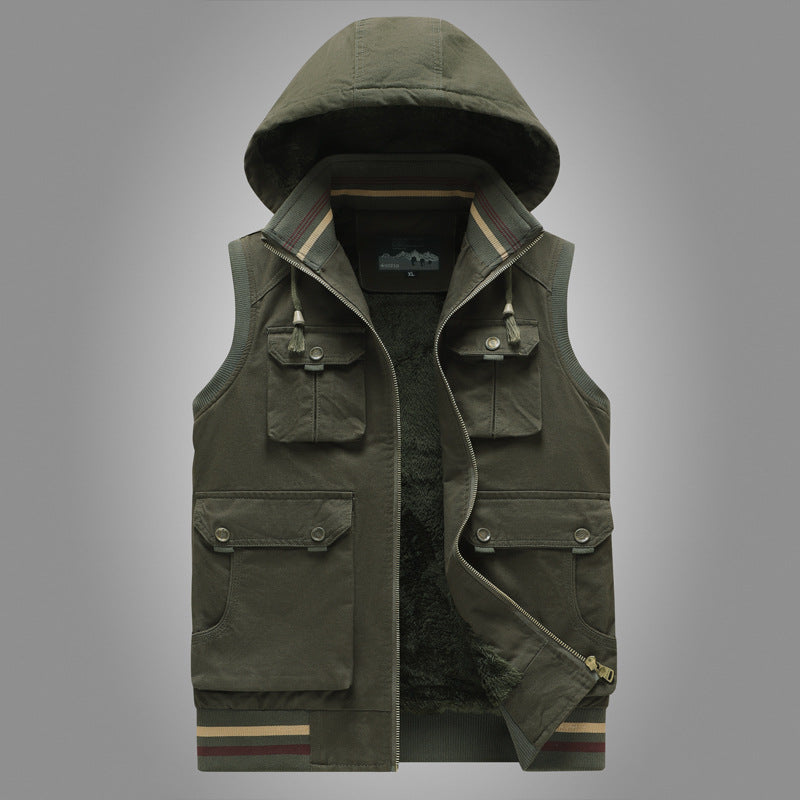 Herren Utility-Weste mit Kapuze, Teddyfutter und Multifachtaschen Drune