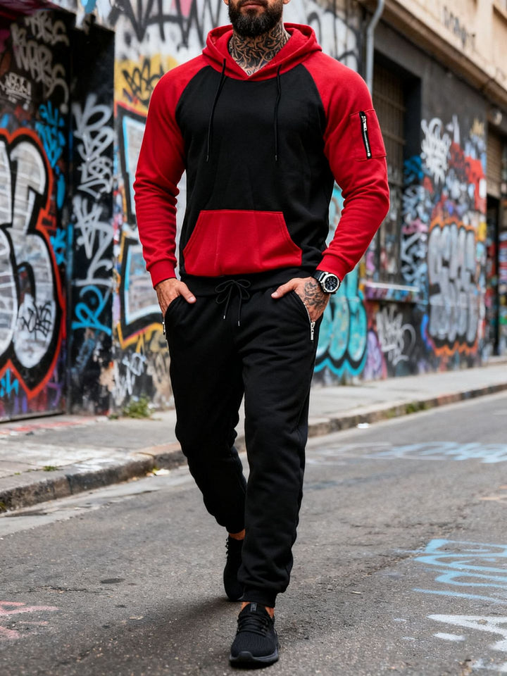 Herren nan zweiteiliges Kapuzen-Sweatset mit Raglanärmeln, Ärmel-Zip-Tasche und tapered Jogginghose Drune