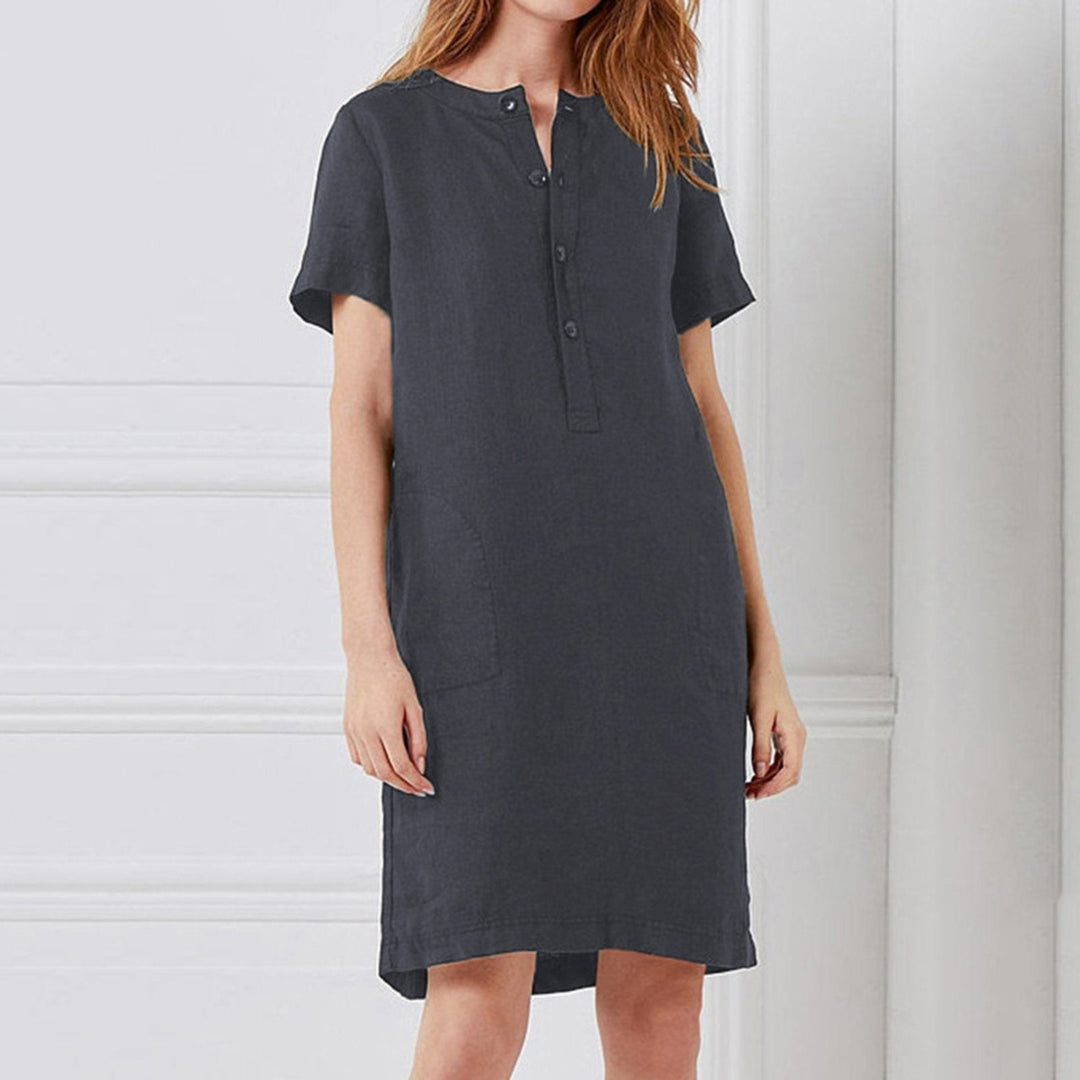 Damen lässiges Leinenkleid mit Knopfleiste und praktischen Taschen Drune