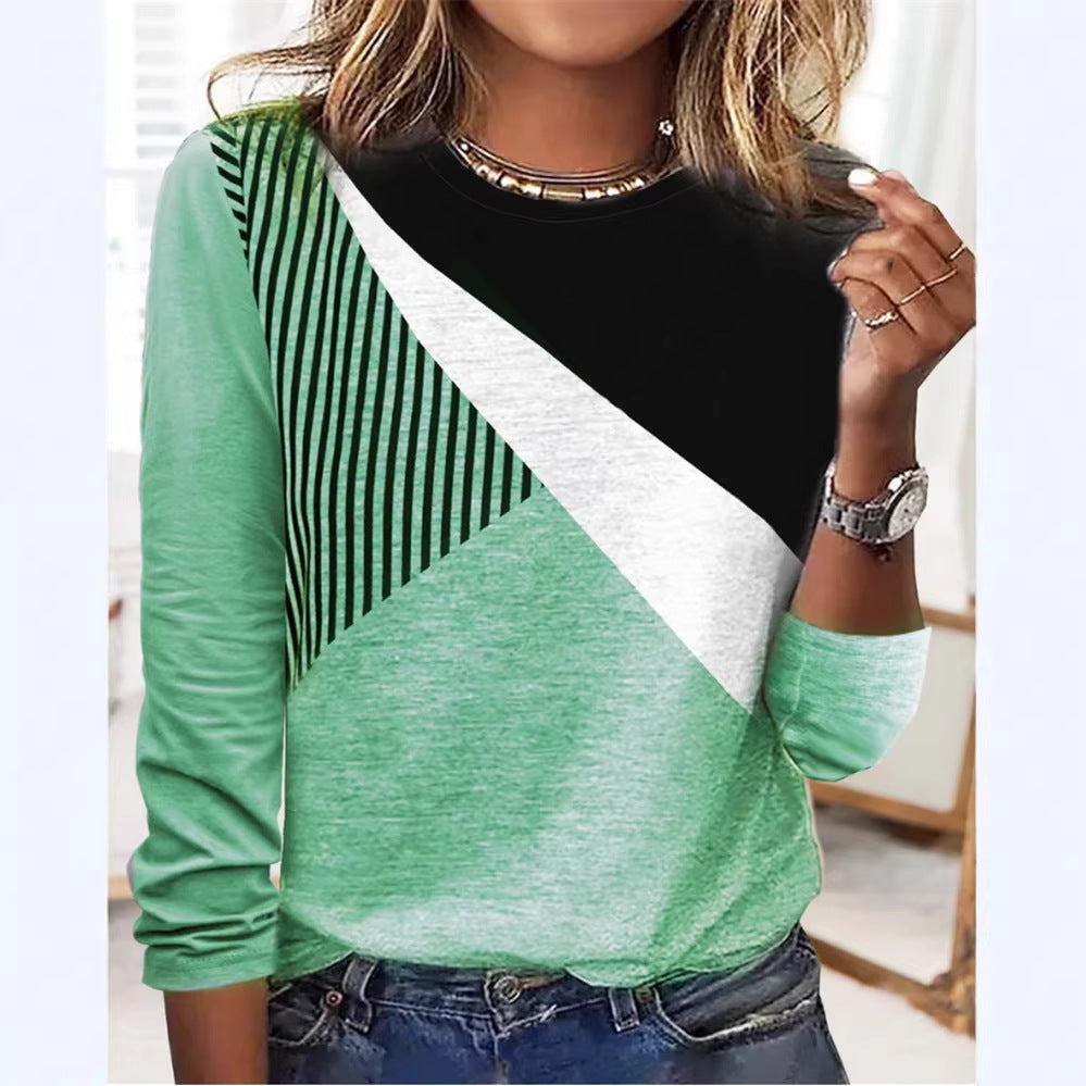 Damen Farbblock Langarmshirt mit schrägem Streifenmuster und Rundhalsausschnitt Drune