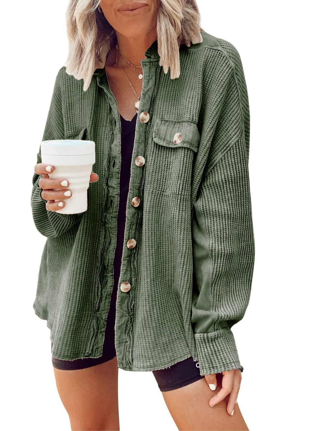 Damen Lässige Waffle-Strickjacke mit praktischen Taschen und Knopfdetails Drune
