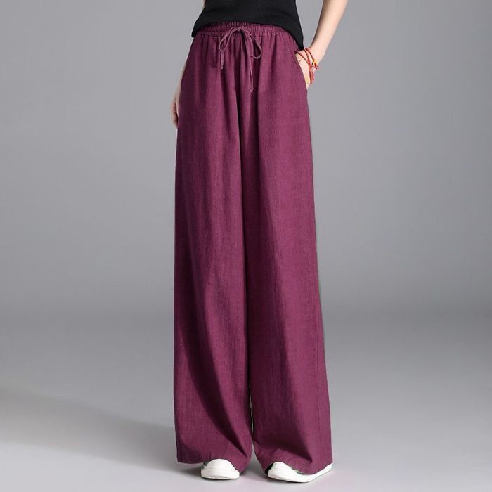 Damen nan weite Palazzo Leinenhose mit elastischem Kordelbund und Seitentaschen Drune