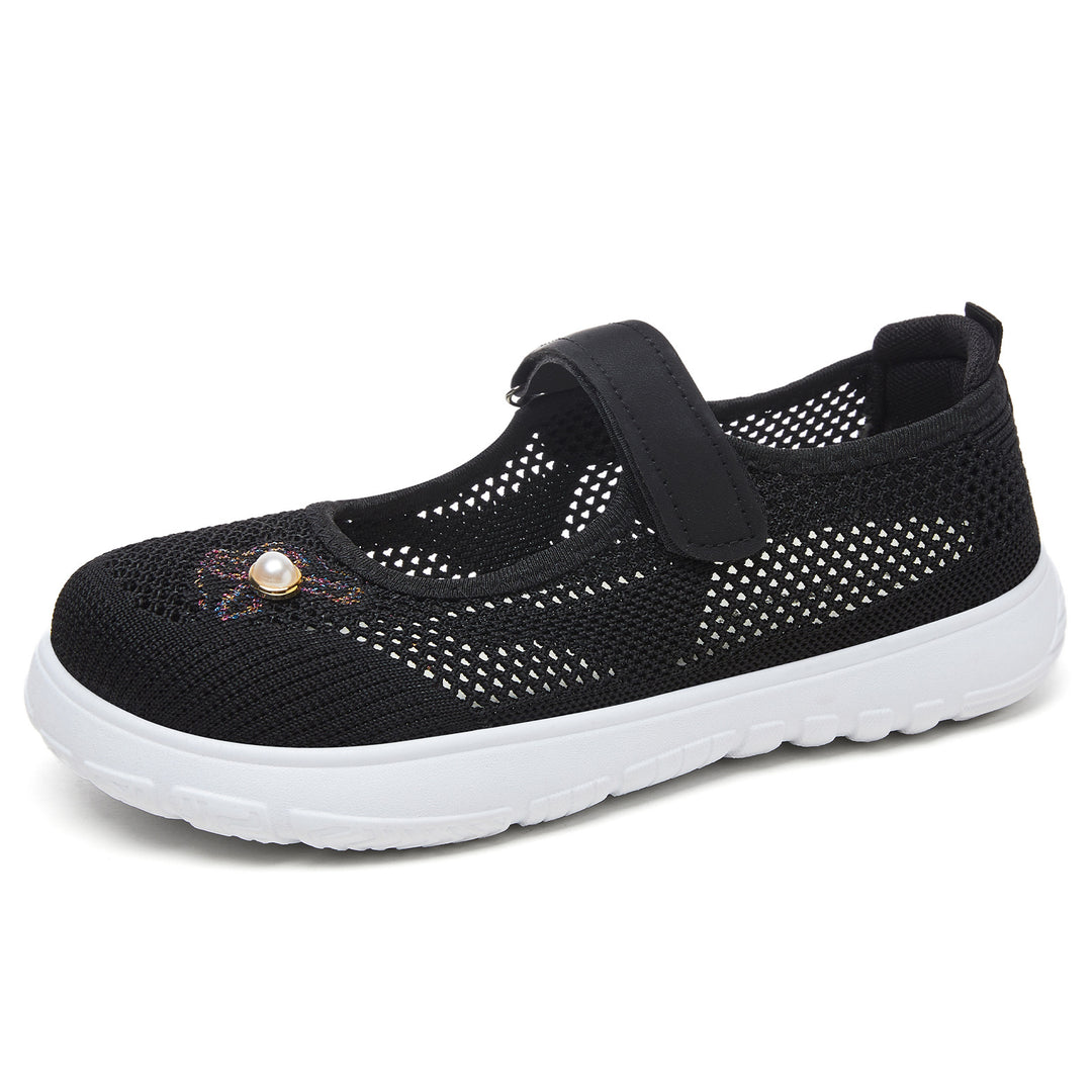 Damen nan gestrickter Mary-Jane-Sneaker mit Klettriemen, atmungsaktivem Strickoberteil, dekorativer Perlenapplikation und dämpfender EVA-Sohle Drune