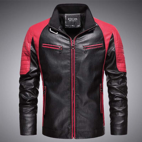 Herren Biker-Lederimitatjacke im Racing-Stil mit Stehkragen und Reißverschlusstaschen Drune