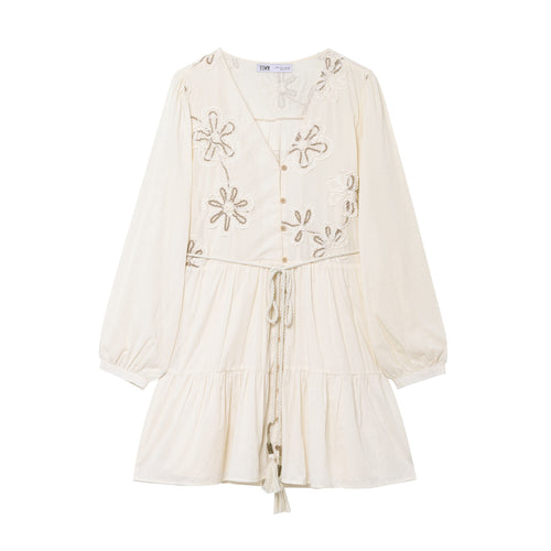 Damen Besticktes Boho-Kleid mit V-Ausschnitt Kordelzug und Stufenrock Drune