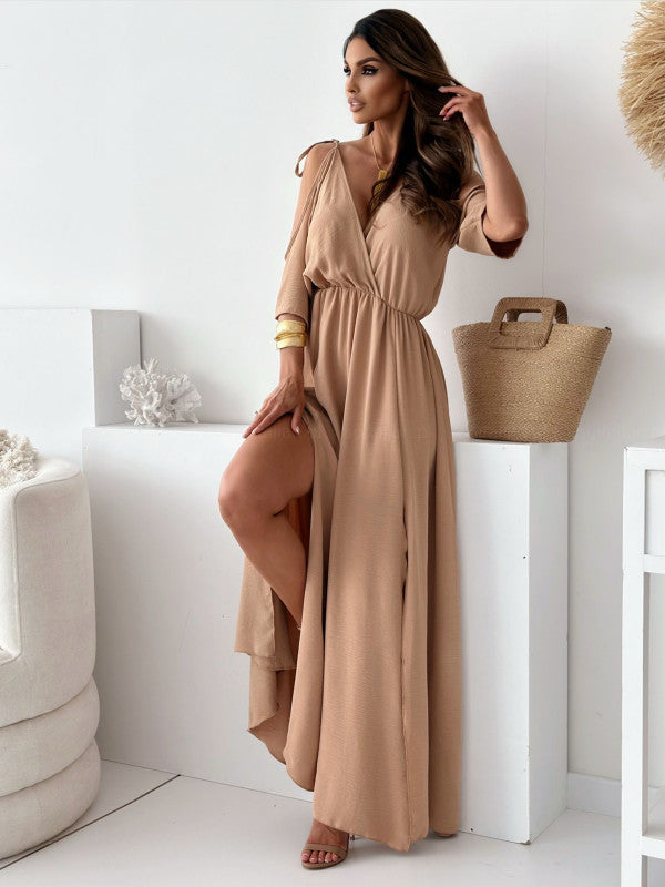 Drune | Satin-Träger-Spitzen-V-Ausschnitt-Langes Kleid
