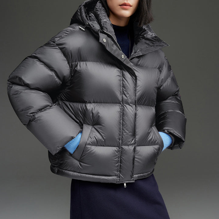 Damen Kurze boxy gesteppte Daunenjacke mit Kapuze Drune