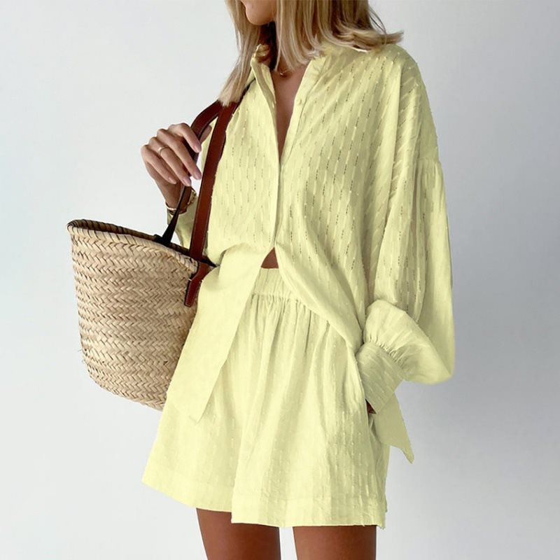 Damen lässiges Oversized Hemd mit Struktur und kurzen Hosen Drune
