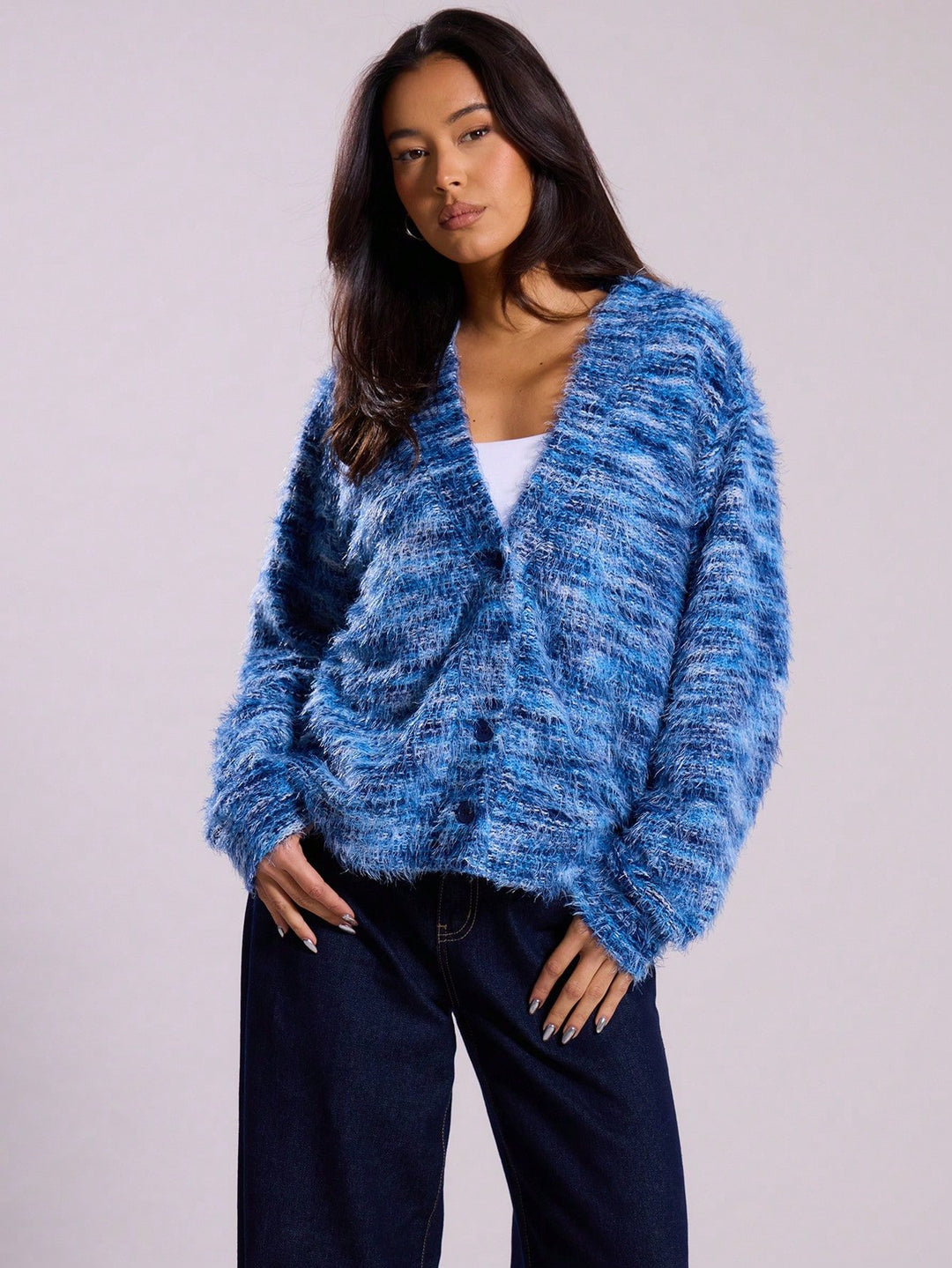 Damen lässiger Cardigan aus Flauschigem Strukturgewebe Drune