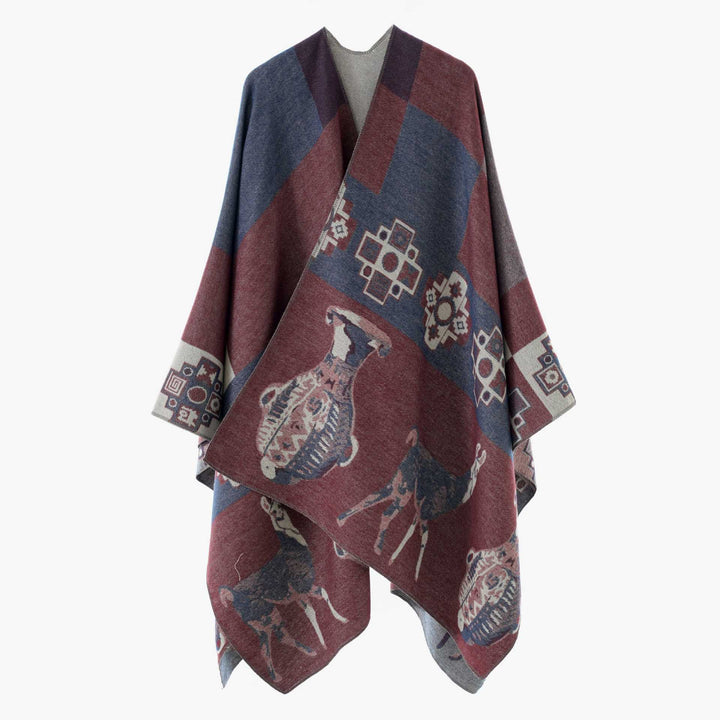 Damen Cape-Überwurf aus Jacquard-Strick mit Tier- und Ethno-Motiv Drune
