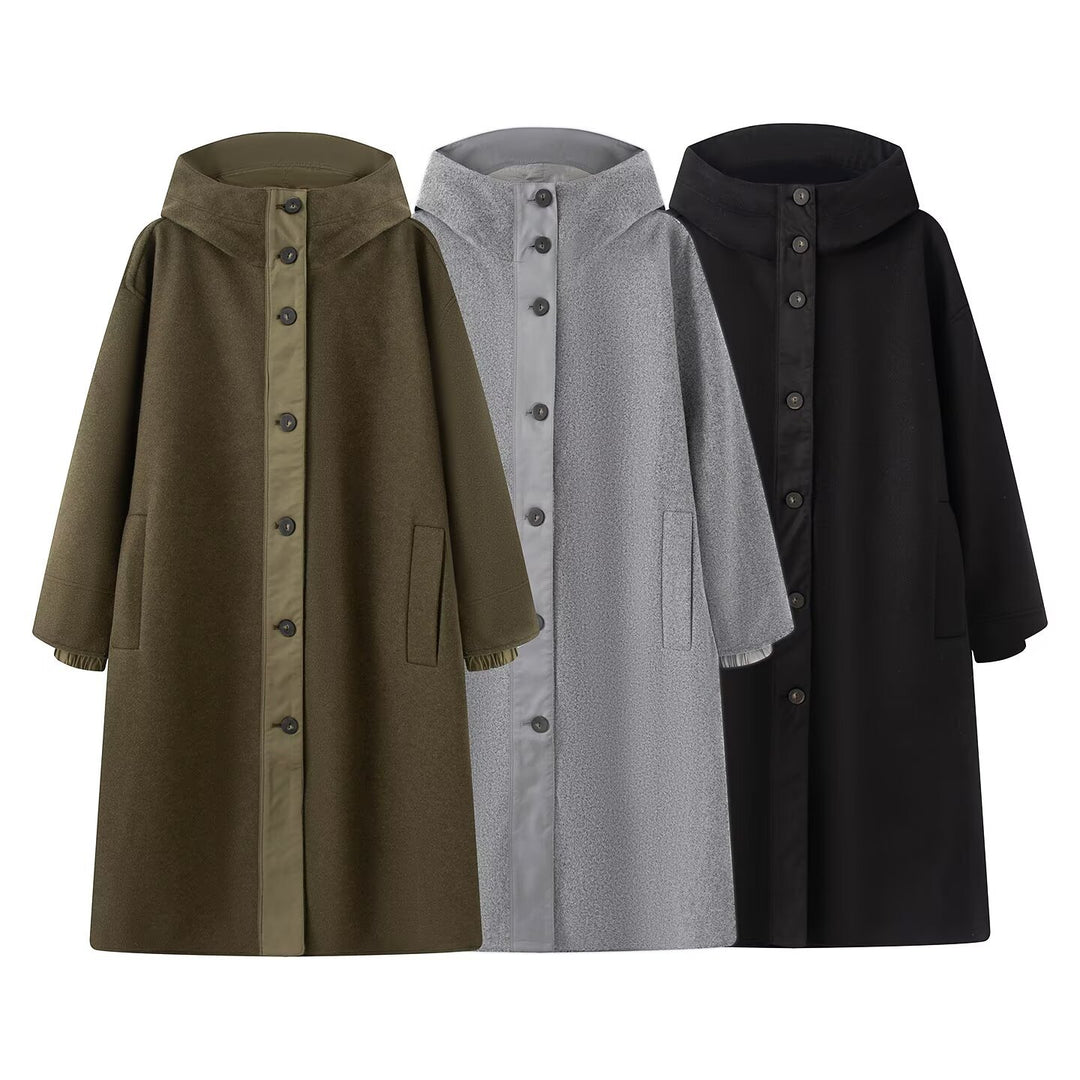 Damen Weicher Oversize Wollmix‑Mantel mit Kapuze und durchgehender Knopfleiste Drune