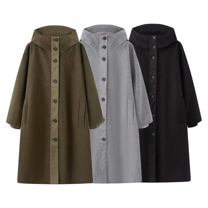 Damen Weicher Oversize Wollmix‑Mantel mit Kapuze und durchgehender Knopfleiste Drune