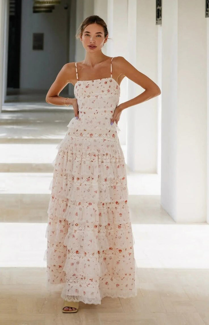 Damen Maxikleid mit floralen Rüschendetails und Spaghettiträgern Drune