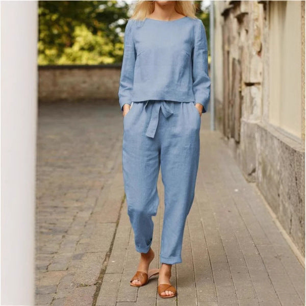 Damen Zweiteiliges Leinen-Set mit modischem Oberteil und komfortabler Hose Drune